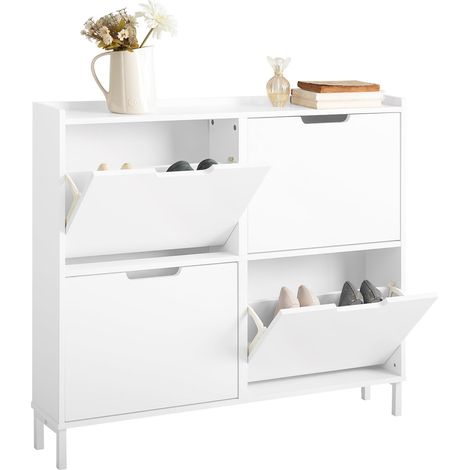 SoBuy Scarpiera Slim da Ingresso con 4 ante e 4 scomparti Salvaspazio 100x19x91 cm Bianco FSR100-W (1/5)