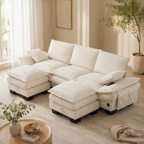 Canapé modulaire 3 places en velours côtelé beige 260 x 132 x 84 cm avec 2 poufs, USB-C et poches latérales (1/5)