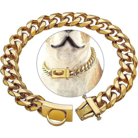 Goldenes Hundehalsband mit Sicherheitsschnalle, bissfester und robuster Antriebskette aus Edelstahl. (1/4)