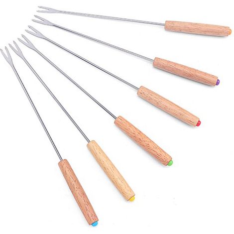 Lot de 6 fourchettes à fondue multifonctions en acier inoxydable avec manche en bois, idéales pour fondue aux fruits, au fromage et au chocolat.