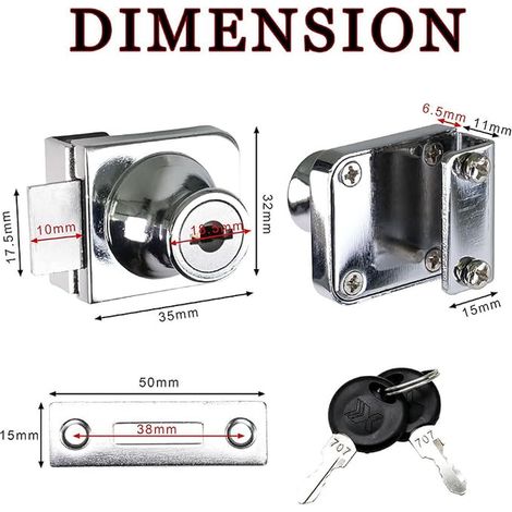Lot de 4 verrous de vitrine pour porte en verre de 5 à 8 mm - Serrure pour vitrine en verre avec clé - Pas de perçage - Serrure de sécurité pour portes en verre et armoire - Argent (1/3)