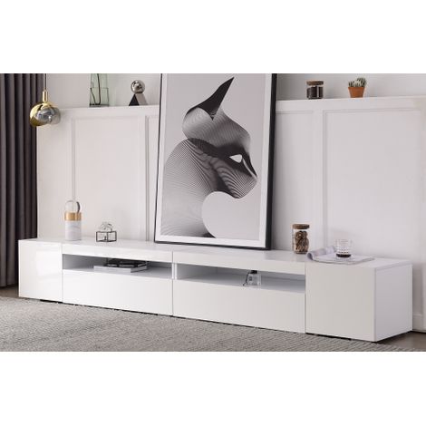 Mueble para TV de 240 cm, color blanco, con iluminación LED ajustable, ideal para salón y comedor.