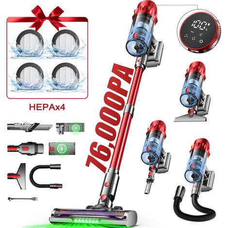 Akku Staubsauger 76000Pa 600W mit Touchscreen – Kabelloser Handstaubsauger für Tierhaare, Teppiche & Hartböden, 70min Laufzeit, 3 Saugstufen, 2L Staubbehälter, Authmic, Rot