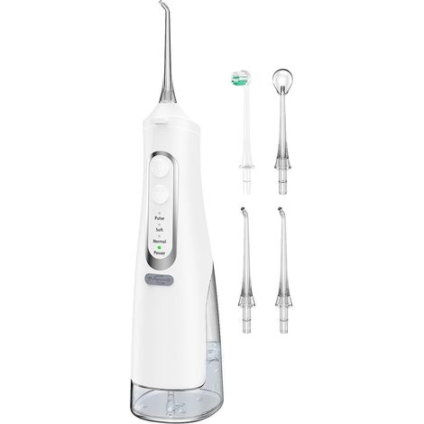 Jet Dentaire Hydropulseur Portable, Jet Dentaire Sans Fil Rechargeable avec 4 Modes Capacité de 310 ml IPX7 Étanche 60 Jours d'Autonomie Pour Maison et Voyage (Blanc)