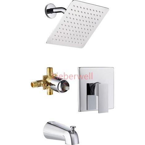 Ensemble de douche pluie avec pommeau de douche noir de 8 pouces, robinetterie de salle de bain murale en laiton, mitigeur chaud/froid avec bec verseur (1/4)