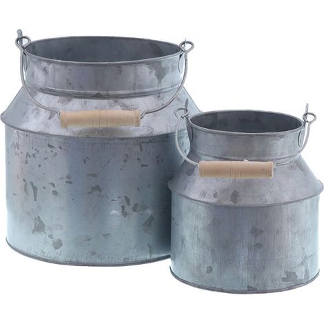 2er Set Zink Deko Milchkanne zum Bepflanzen - 18 / 13 cm - Kleine Metall Blumen Eimer mit Henkel