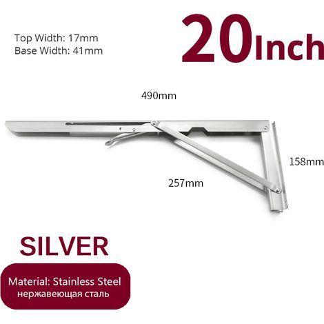(Argent 50,8 cm - FR) 2 équerres pliantes en acier inoxydable, blanc et noir, support mural triangulaire en fer pour étagère, banc ou table (1/5)