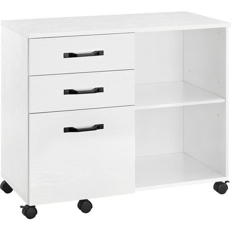 Caisson, Support d'Imprimante Bureau, avec 3 Tiroirs, Meuble de Rangement Mobile, Compartiments Ouverts, pour Format A4, Documents, Style Industriel, Blanc Boisé (1/5)