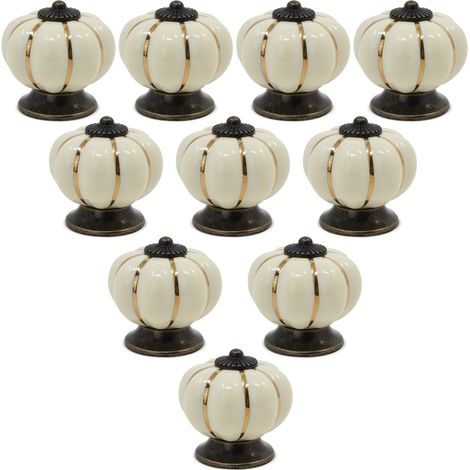 10 pomos de cerámica estilo europeo vintage con forma de calabaza para armario, cajón, tocador, color beige (1/5)