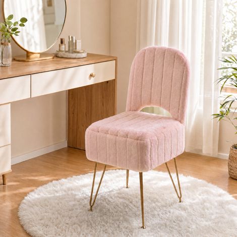 Pouf coiffeuse avec rangement et dossier rabattable, ottoman carré rembourré en fausse fourrure effet lapin, assise mousse mémoire, pieds métal doré – Rose – Taille L – Rabbit fur (1/5)