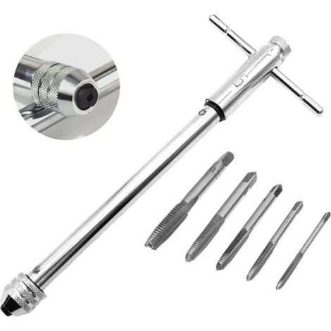 Handgewindebohrer-Set, 5-teilig, M3-M8 HSS, titanbeschichtet, Gewindeschneidwerkzeuge + verlängerter Werkzeughalter mit Schiebegriff für Gewindebohrer (1/4)
