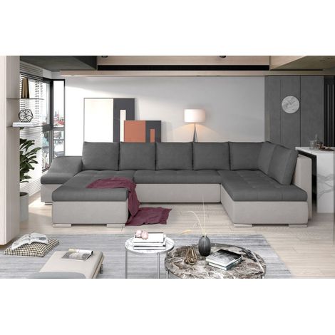 Canapé panoramique GYOVANI gris foncé et gris clair angle gauche convertible avec têtières