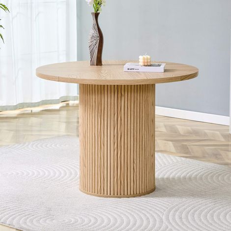 Table à manger ronde 100 cm en MDF effet bois naturel, table de repas 4 à 6 personnes avec pied central cylindrique, structure métal renforcée, design moderne salon cuisine