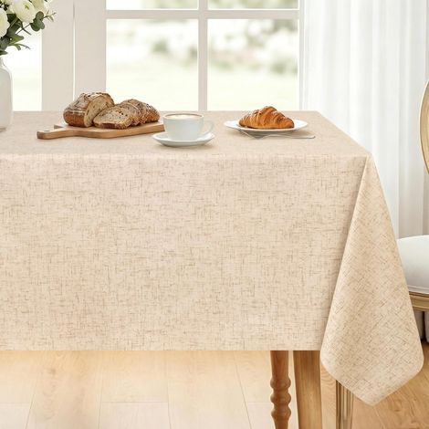 Nappe lavable 140x100 cm aspect lin beige, imperméable, découpe possible