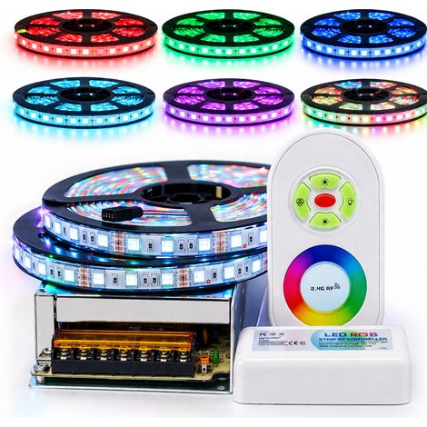 Kit de cinta profesional 5050 - 60 LED/m - 10 metros (2x5m) RGB a prueba de salpicaduras (IP65) con controlador de radio y trans  Longitud: 10 metros (2x5m)