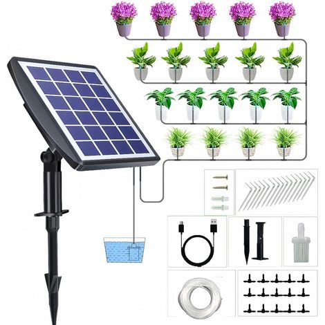 Sistema de riego automático con energía solar y temporizador, que riega hasta 15 plantas en maceta simultáneamente. (1/5)