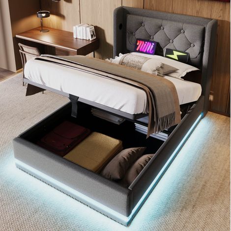 lit adulte chambre rangement 90x200 USB LED coton gris OKMYHOME (1/5)