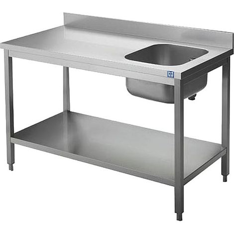 Table de travail avec évier à droite, avec étagère et dosseret, 1100x700 mm - VIRTUS