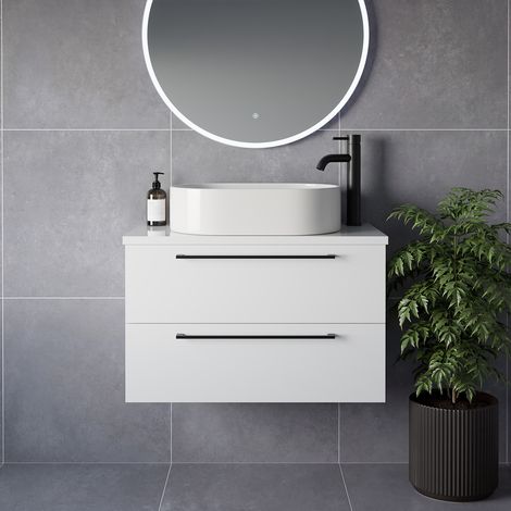 Napoli 390 Gloss White 800mm Wall Mounted 2 Drawer Vanity Unit for Countertop Basins - 800mm - Matt Black 480mm Handle