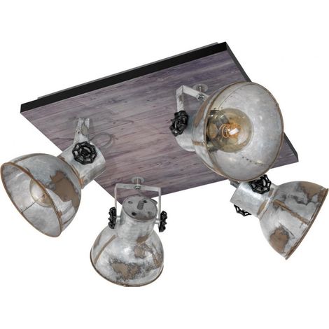 Eglo Iluminación Plafón cuadrado de techo con 4 focos BARNSTAPLE de madera y zinc, E27