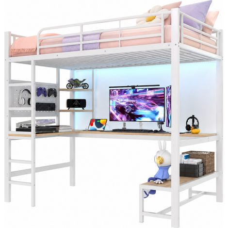 Letto a soppalco 90x200 cm salvaspazio in metallo e MDF con scrivania, ripiani, pannello forato, LED, presa USB-C, sponde e scala, bianco  CHICFURN (1/5)