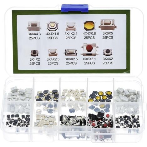Highly sought-after tactile switches (250 pieces) for automotive use, 10 different specifications, 25 pieces of each type (surface mount). (1/5)