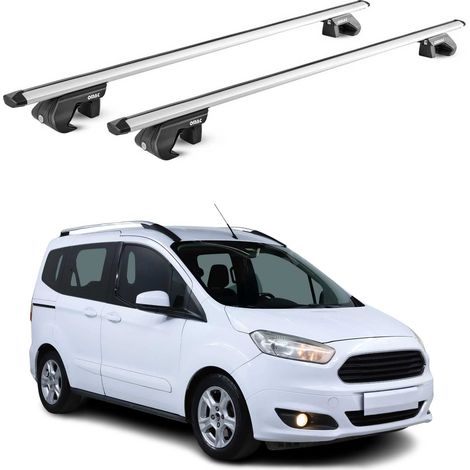 OMAC Dachträger Aluminium TÜV geprüft für Ford Tourneo Courier I 2014-2023 – Für Standard Dachreling – T Nut – Max 90 kg – 2 Schlösser Silber (1/5)