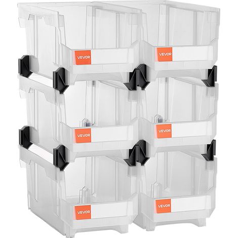 VEVOR Contenitori Impilabili in Plastica, 377 x 215 x 180 mm, 6 Pezzi, Contenitori in Plastica per Organizzare Oggetti in Armadio, Piccole Parti, Forniture per Ufficio, Altri Accessori, Trasparenti (1/5)