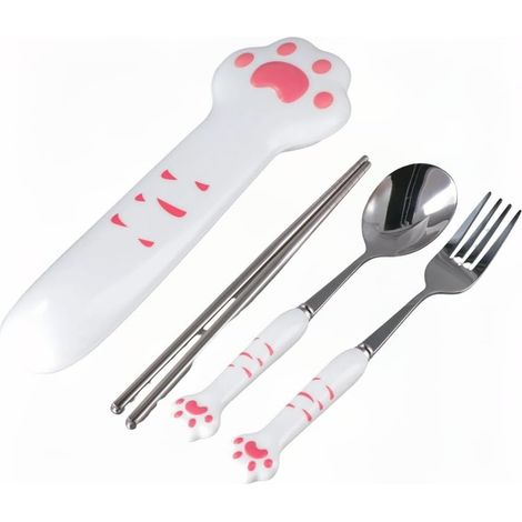 Ensemble de 3 pièces (cuillère, fourchette et baguettes) en forme de griffe de chat mignon, idéal pour le camping et les activités de plein air (2 pièces) Rose (1/5)