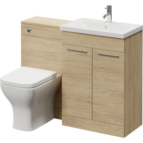 Napoli 390 Light Oak 1100mm 2 Door Vanity Unit Toilet Suite with Glide Basin - 1100mm - Chrome 160mm HandleWith Kingston Toilet Pan and Seat