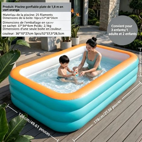 piscine hors sol — Présentoir à trois niveaux de 1,8 m (fond plat) — Bleu-Orange — Bleu et orange (fond plat) + Pompe à main moyenne (30 cm)) (1/4)