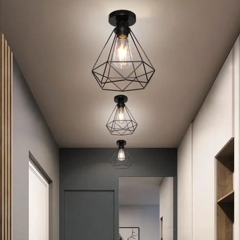 Lot de 2 Plafonnier en Métal Industrielle Noir Lampe Suspension Vintage Cage pour Salon Chambre (1/4)