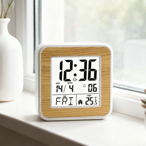 2er Set Luminöse Digitalwecker für Kinder und Studenten, Temperaturanzeige, Ewiger Kalender, Snooze-Funktion, Manuelle Zeiteinstellung, Weiß Braun (1/5)
