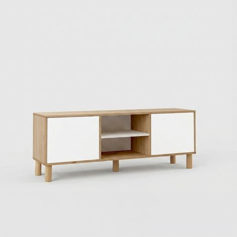 Mobile porta TV con ante e ripiani 160 cm Ruvan - Rovere - Bianco (1/4)
