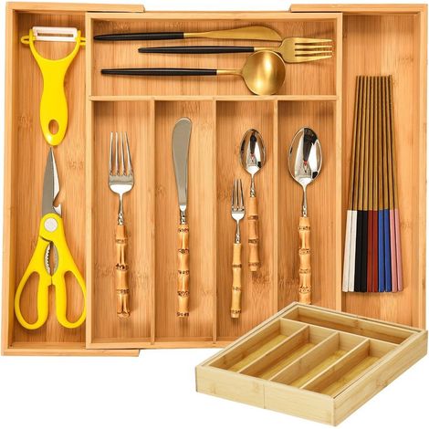 Organisateur de tiroir en bambou, 7 compartiments, plateau à ustensiles pour couverts, rangement de cuisine (1/5)