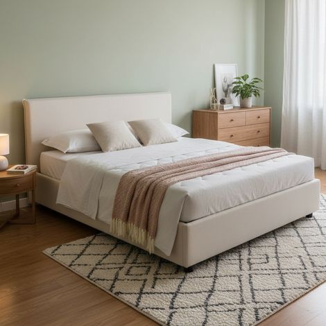 Talamo Italia Cama matrimonial Bernadette, Cama contenedor con revestimiento de tela, 100% Made in Italy, Apertura frontal, con colchón Cm 140x200 incluido, Beige, con embalaje reforzado (1/5)