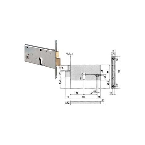 SERRATURA DA INFILARE PER FASCE CATENACCIO E SCROCCO MM.77 H 44360  mm.70 (44360700)    CISA