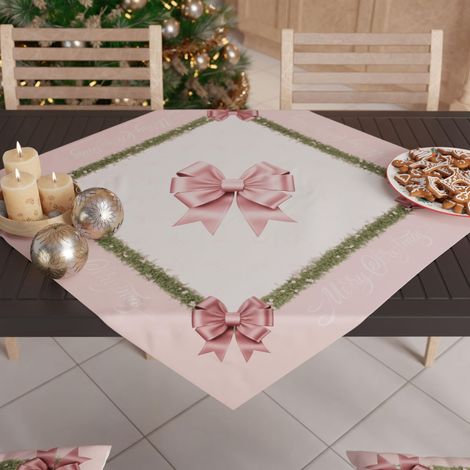 Centre de Table de Noël 90x90 cm, Tissu en Microfibre Doux et Résistant, Décoration Élégante pour Fêtes, Motif 'Noeud Rose', 100% Fabriqué en Italie (1/3)