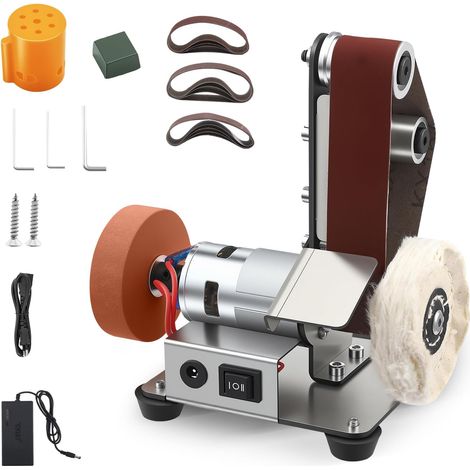 Ponceuse à bande électrique, mini polisseuse à bande, réglable sur 7 niveaux, équipée de 20 bandes abrasives et 2 disques de polissage, pour le traitement du bois et du métal