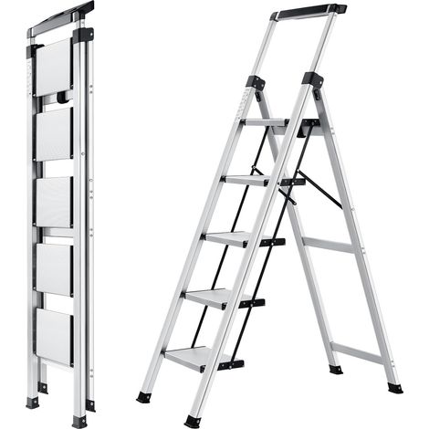 Escabeau 5 Marches en Aluminium, Échelles Pliable avec Main Courante Extractible, Petit Escabeau Antidérapant Échelle Multifonctions pour la Maison et Le Bureau, Capacité 150 KG (1/5)