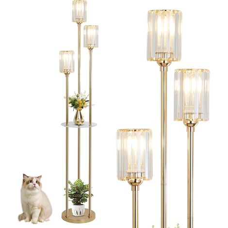 Modern Gold Floor Lamp with Shelf, 3 Bulbs Vintage Floor Lamp with Glass Shade and Foot Switch, Crystal for Bedroom, Office (1/5)