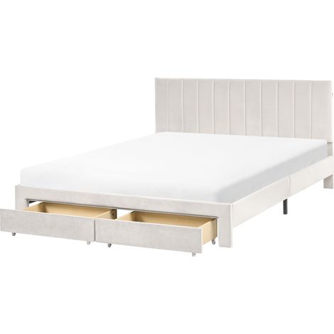 Cama moderna con cajones cabecero tapizado en terciopelo y somier de láminas blanco crema 160 x 200 cm Lonzac