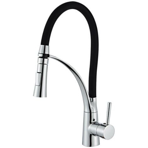 Robinet de Cuisine, Flexible Bec Pivotant à 360° et Tuyau en Silicone Noir Mitigeur Cuisine, avec Douchette Extractible et Pulvérisateur Double Fonction, Froid & Chaud Disponible, Laiton Chro (1/5)