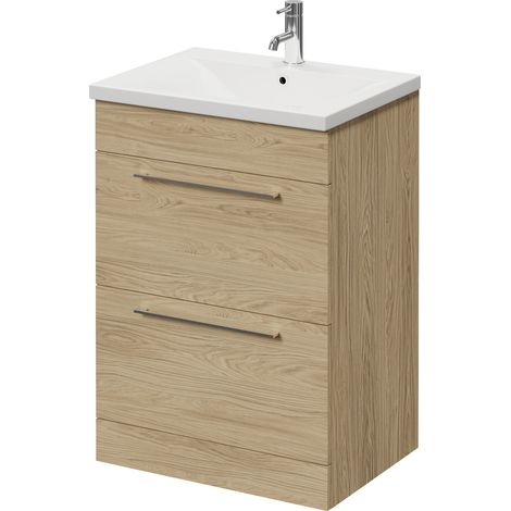 Napoli 460 Light Oak 600mm 2 Drawer Vanity Unit with Glide Basin - 600mm - Chrome 320mm Handle