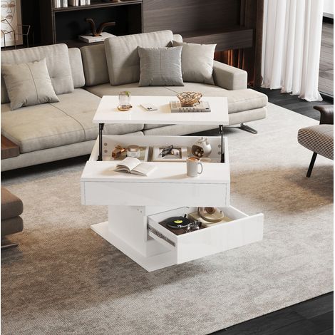 Tavolino rialzabile 70x70x45 cm con piano girevole, 1 cassetto e vano portaoggetti nascosto, bianco (1/5)
