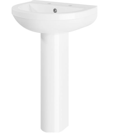 Sleek Modern White 550mm Round Bathroom 2 Tap Hole Basin & Pedestal