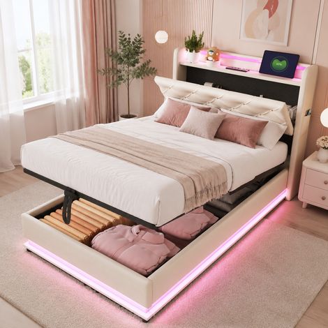 Cama infantil 90x200 cm con LED y almacenaje, beige, tela y metal, sin colchón FloraGrace (1/5)