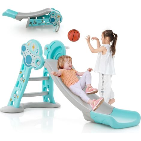 COSTWAY Tobogán Infantil Interior 3 en 1, Juego de Tobogán Plegable con Aro de Baloncesto, Zona de Amortiguación Segura, Escalador y Tobogán para Niños 18+ Meses (Azul)