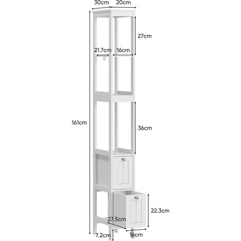 Armoire haute étroite autoportante de buanderie en bois,2 tiroirs et 3 étagères de rangement,dimensions 20x30x160 cm,mobilier de couleur blanche.