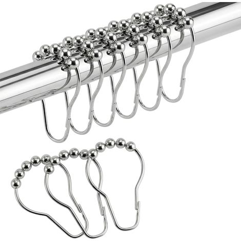 Anneaux Rideau de Douche INOX – Lot 12 Crochets Antirouille Billes de Glissement – Compatible Tringles 25-32mm – Installation Facile – (ArgentChrome) (1/4)